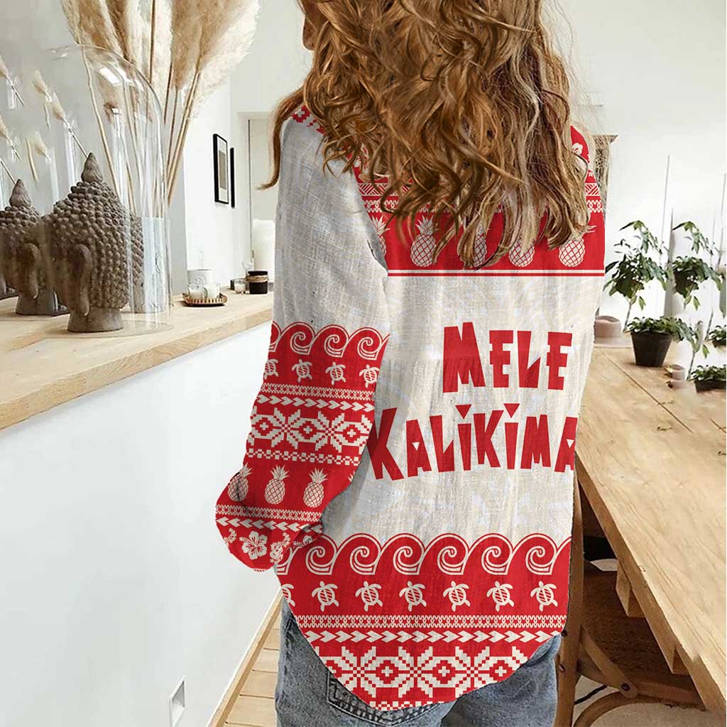 Red Mele Kalikimaka Hawaii Women Casual Shirt Funny Ho Ho Ho Santa Shaka - Polynesian Pride