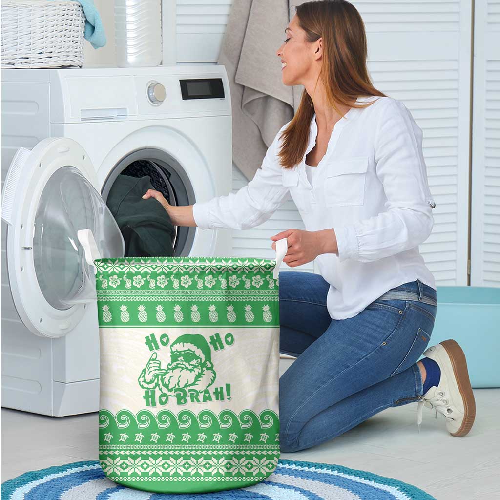 Green Mele Kalikimaka Hawaii Laundry Basket Funny Ho Ho Ho Santa Shaka - Polynesian Pride