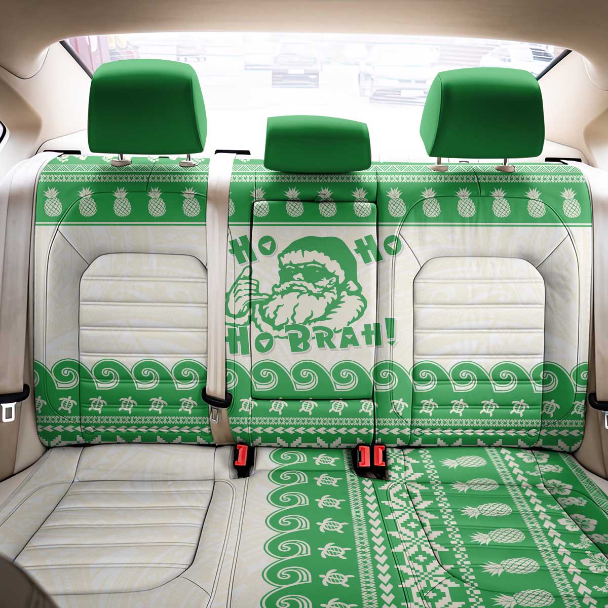 Green Mele Kalikimaka Hawaii Back Car Seat Cover Funny Ho Ho Ho Santa Shaka - Polynesian Pride