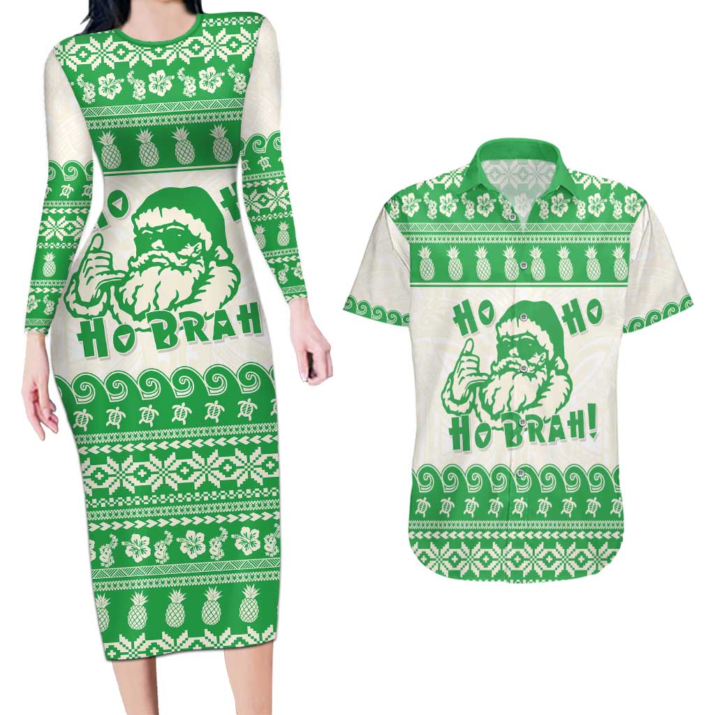 Green Mele Kalikimaka Hawaii Couples Matching Long Sleeve Bodycon Dress and Hawaiian Shirt Funny Ho Ho Ho Santa Shaka - Polynesian Pride