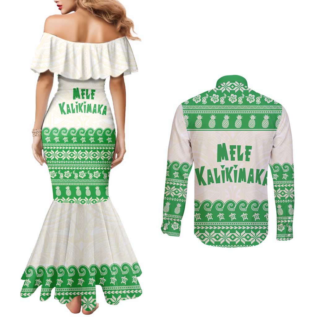 Green Mele Kalikimaka Hawaii Couples Matching Mermaid Dress and Long Sleeve Button Shirt Funny Ho Ho Ho Santa Shaka - Polynesian Pride