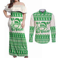 Green Mele Kalikimaka Hawaii Couples Matching Off Shoulder Maxi Dress and Long Sleeve Button Shirt Funny Ho Ho Ho Santa Shaka - Polynesian Pride