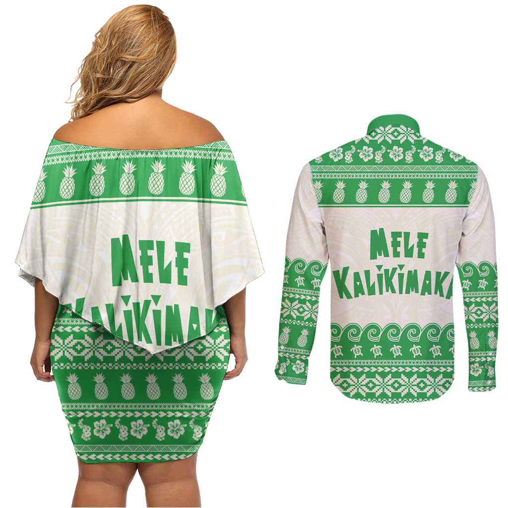 Green Mele Kalikimaka Hawaii Couples Matching Off Shoulder Short Dress and Long Sleeve Button Shirt Funny Ho Ho Ho Santa Shaka - Polynesian Pride