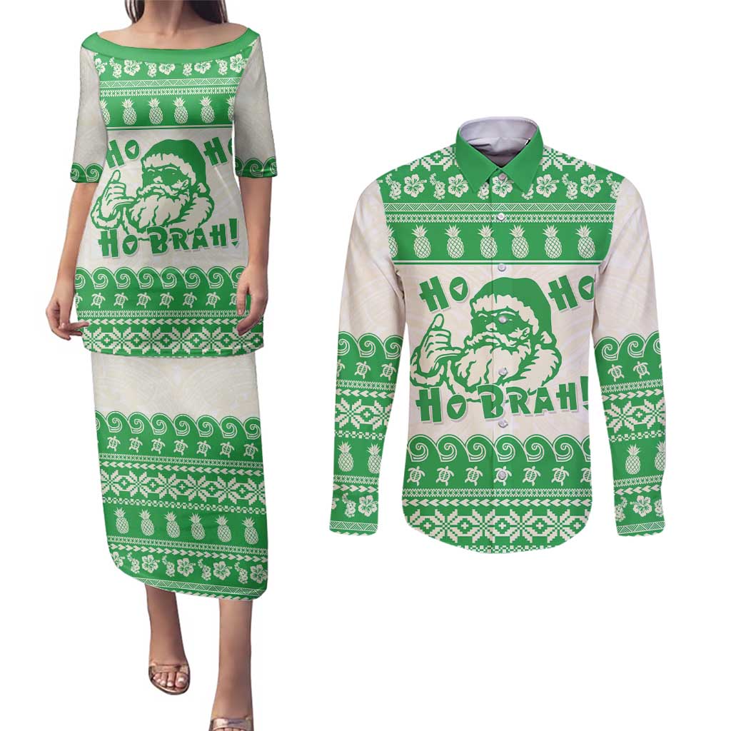 Green Mele Kalikimaka Hawaii Couples Matching Puletasi and Long Sleeve Button Shirt Funny Ho Ho Ho Santa Shaka - Polynesian Pride