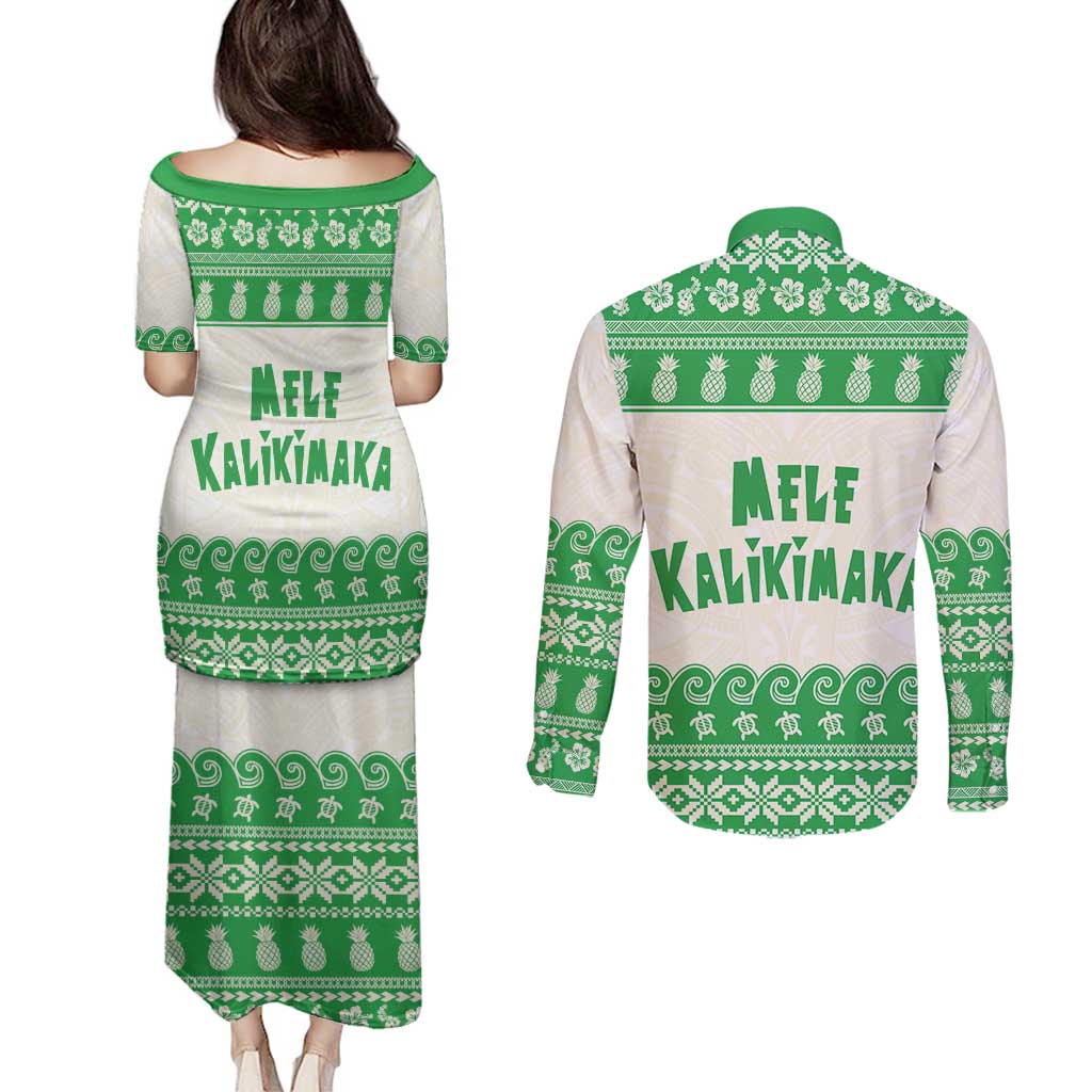 Green Mele Kalikimaka Hawaii Couples Matching Puletasi and Long Sleeve Button Shirt Funny Ho Ho Ho Santa Shaka - Polynesian Pride