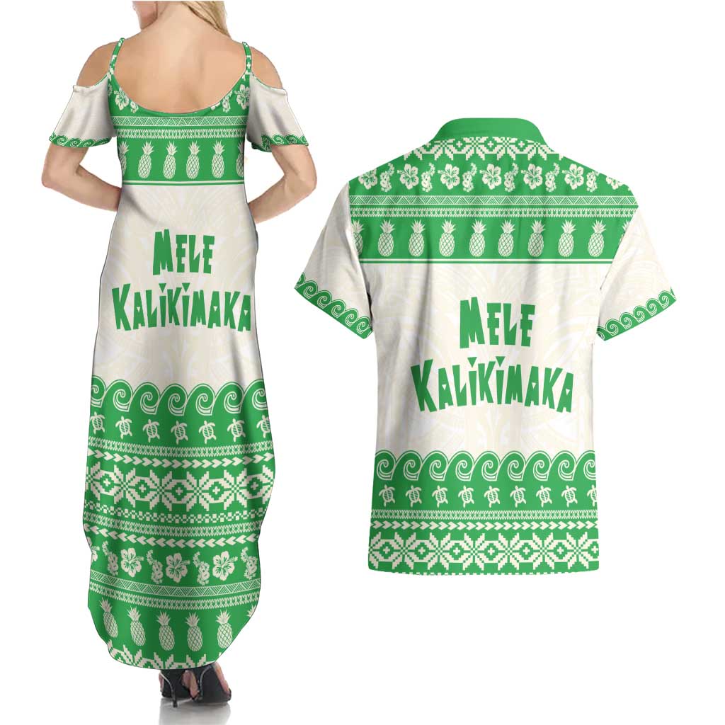 Green Mele Kalikimaka Hawaii Couples Matching Summer Maxi Dress and Hawaiian Shirt Funny Ho Ho Ho Santa Shaka - Polynesian Pride