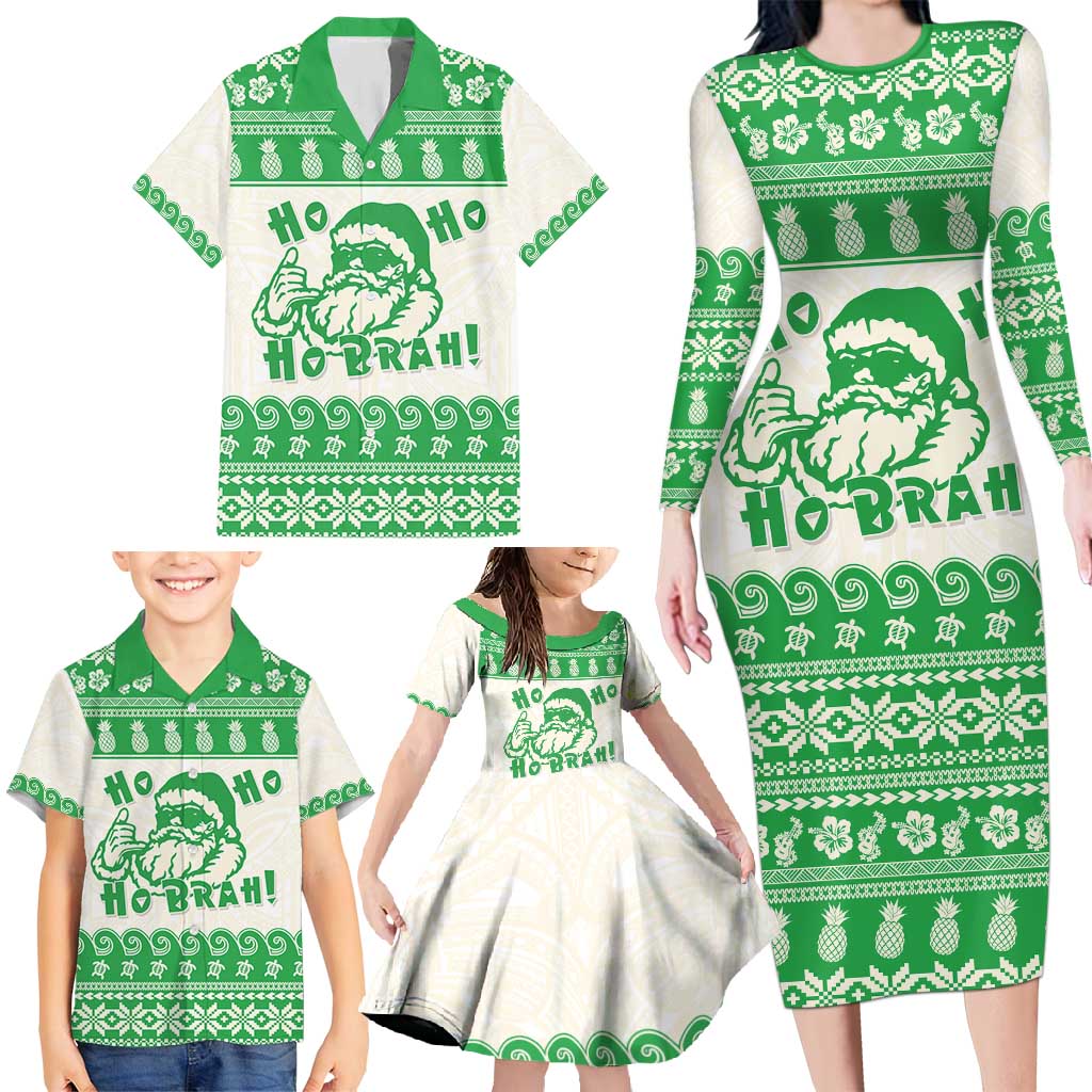 Green Mele Kalikimaka Hawaii Family Matching Long Sleeve Bodycon Dress and Hawaiian Shirt Funny Ho Ho Ho Santa Shaka - Polynesian Pride