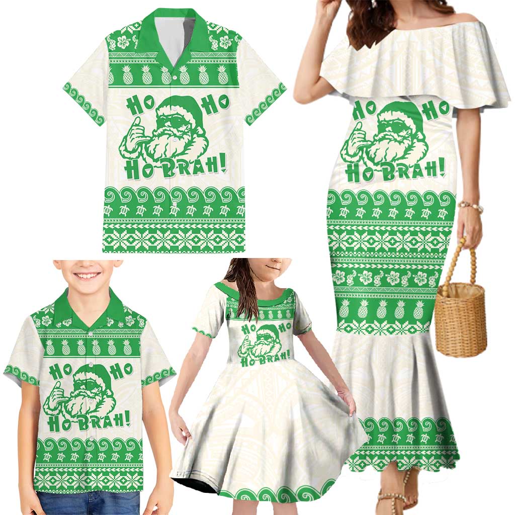 Green Mele Kalikimaka Hawaii Family Matching Mermaid Dress and Hawaiian Shirt Funny Ho Ho Ho Santa Shaka - Polynesian Pride