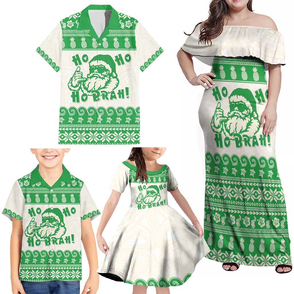 Green Mele Kalikimaka Hawaii Family Matching Off Shoulder Maxi Dress and Hawaiian Shirt Funny Ho Ho Ho Santa Shaka - Polynesian Pride