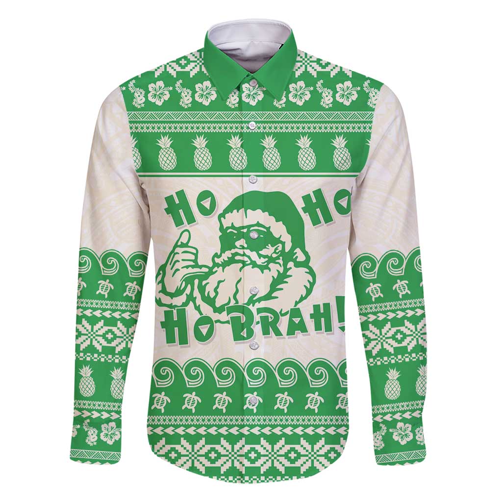 Green Mele Kalikimaka Hawaii Family Matching Off Shoulder Short Dress and Hawaiian Shirt Funny Ho Ho Ho Santa Shaka - Polynesian Pride