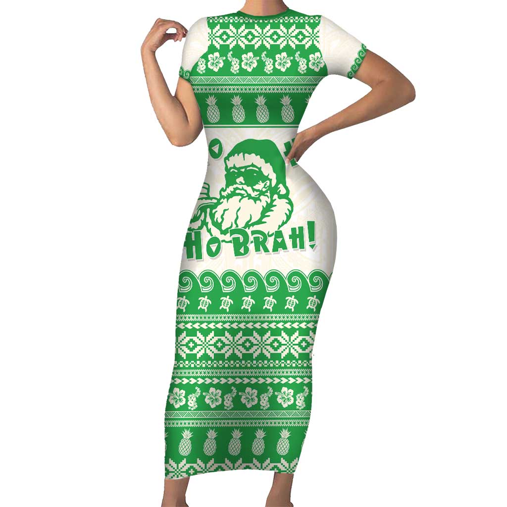 Green Mele Kalikimaka Hawaii Family Matching Short Sleeve Bodycon Dress and Hawaiian Shirt Funny Ho Ho Ho Santa Shaka - Polynesian Pride