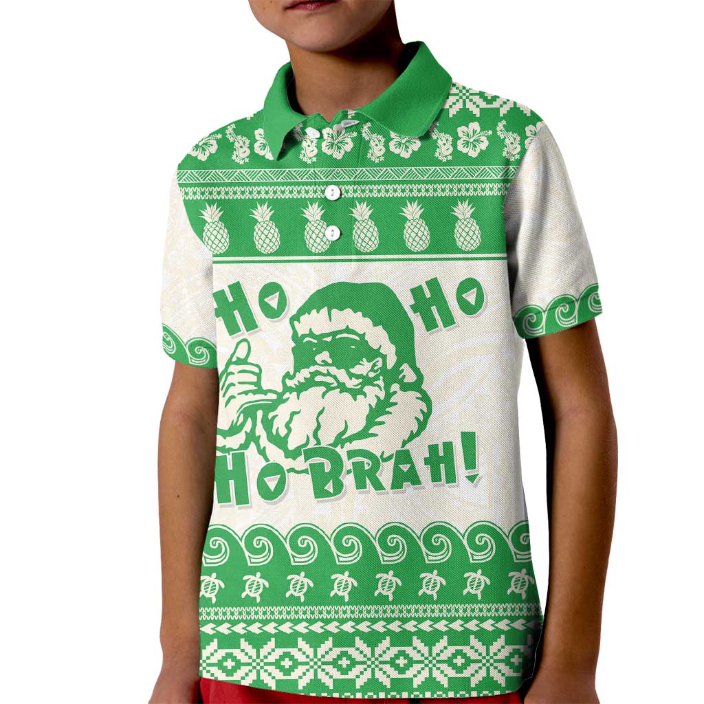 Green Mele Kalikimaka Hawaii Kid Polo Shirt Funny Ho Ho Ho Santa Shaka - Polynesian Pride