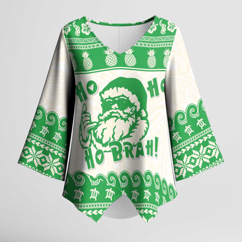 Green Mele Kalikimaka Hawaii Kimono Sleeve Blouse Funny Ho Ho Ho Santa Shaka - Polynesian Pride