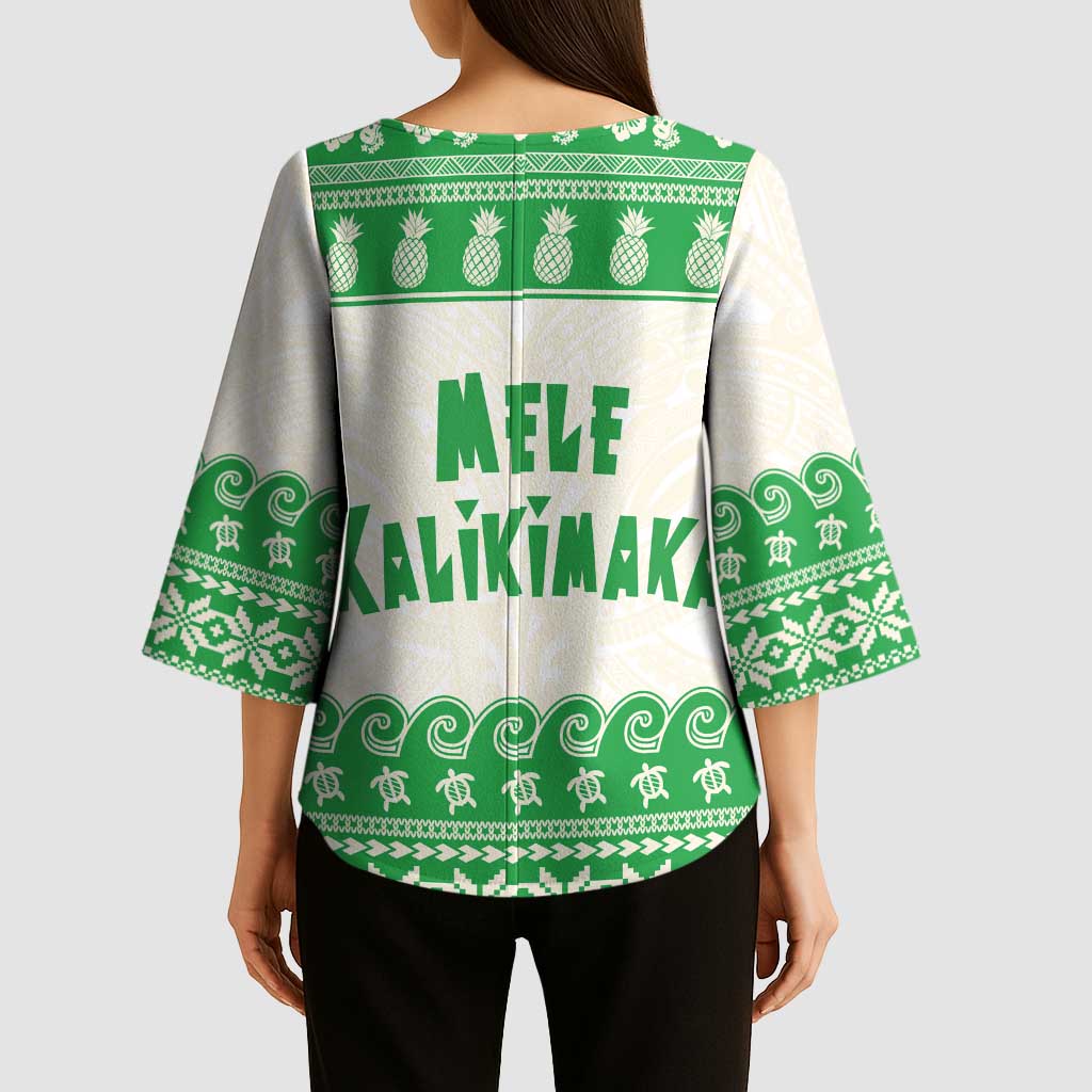 Green Mele Kalikimaka Hawaii Kimono Sleeve Blouse Funny Ho Ho Ho Santa Shaka - Polynesian Pride