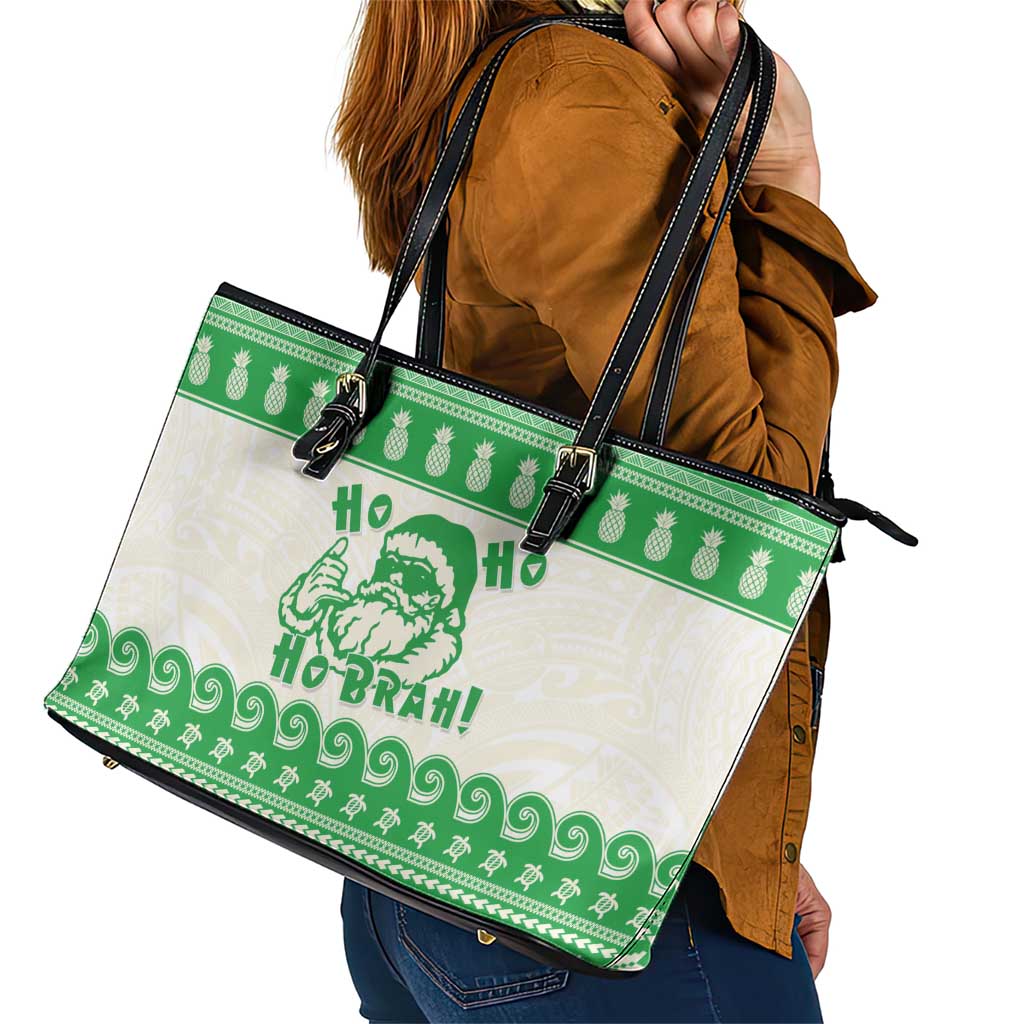 Green Mele Kalikimaka Hawaii Leather Tote Bag Funny Ho Ho Ho Santa Shaka - Polynesian Pride