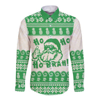 Green Mele Kalikimaka Hawaii Long Sleeve Button Shirt Funny Ho Ho Ho Santa Shaka - Polynesian Pride