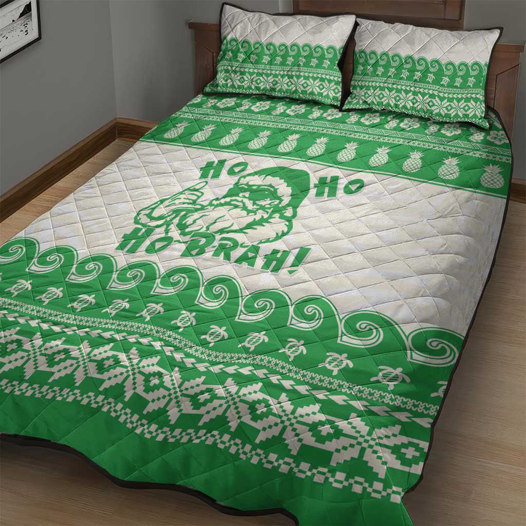 Green Mele Kalikimaka Hawaii Quilt Bed Set Funny Ho Ho Ho Santa Shaka - Polynesian Pride