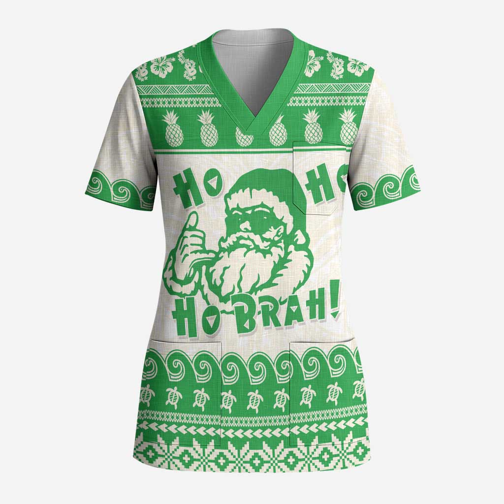 Green Mele Kalikimaka Hawaii Scrub Top Funny Ho Ho Ho Santa Shaka - Polynesian Pride