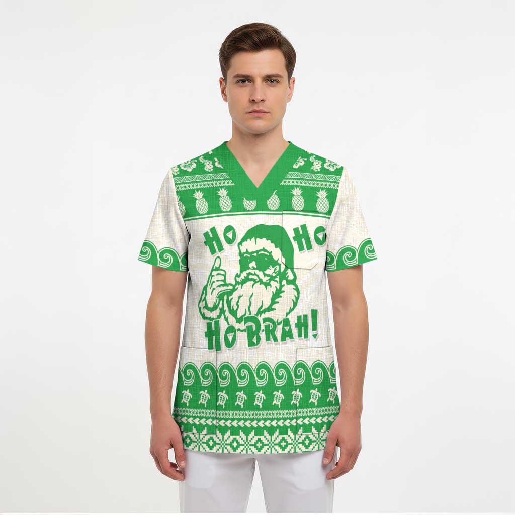 Green Mele Kalikimaka Hawaii Scrub Top Funny Ho Ho Ho Santa Shaka - Polynesian Pride