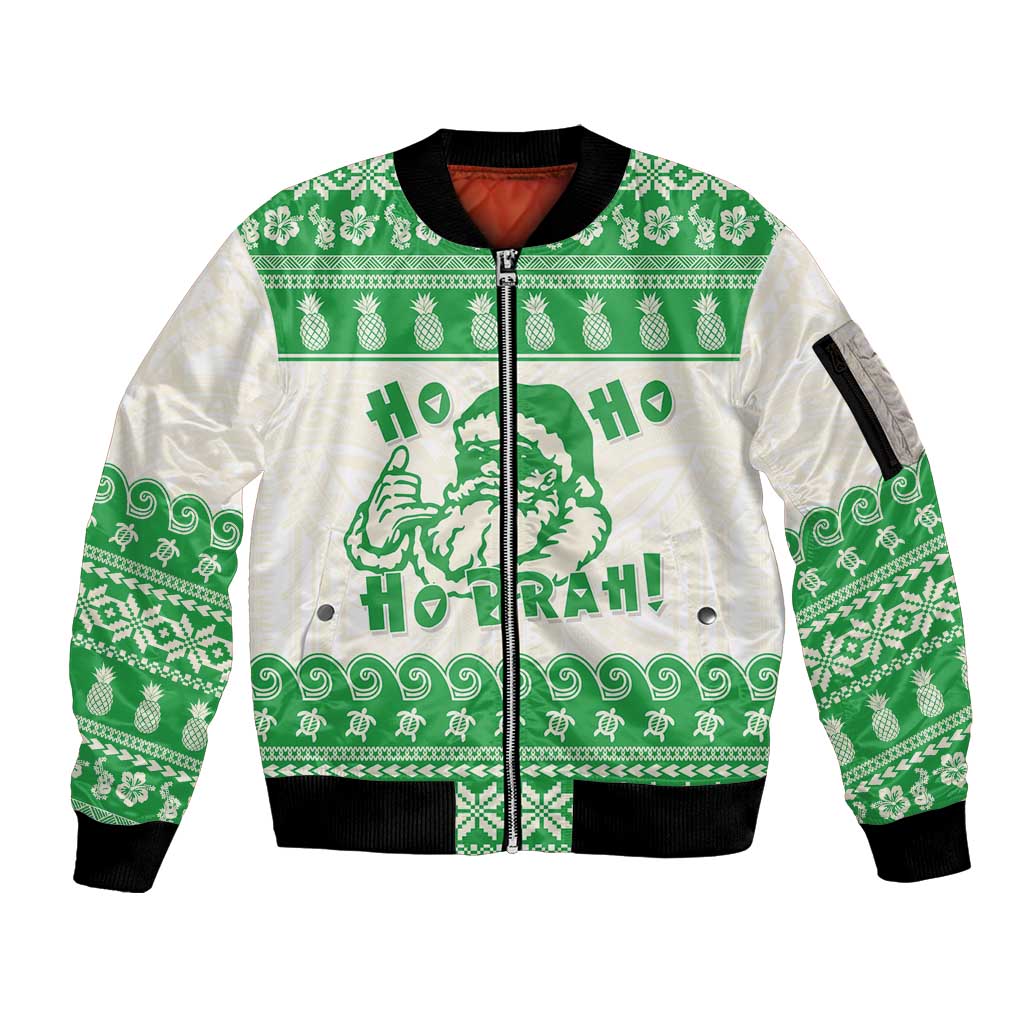 Green Mele Kalikimaka Hawaii Sleeve Zip Bomber Jacket Funny Ho Ho Ho Santa Shaka - Polynesian Pride