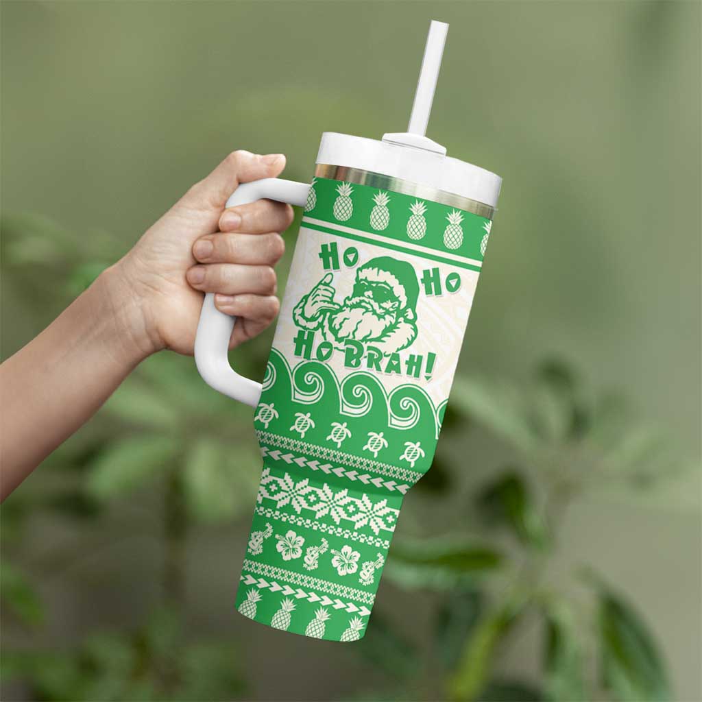 Green Mele Kalikimaka Hawaii Tumbler With Handle Funny Ho Ho Ho Santa Shaka - Polynesian Pride