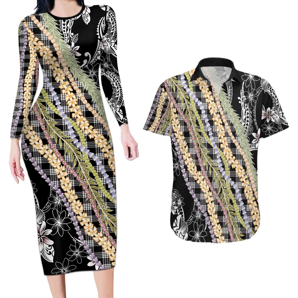 Black Palaka Hawaii Leis Couples Matching Long Sleeve Bodycon Dress and Hawaiian Shirt Hawaiian-plaid Elegant Tropical Vibes - Polynesian Pride