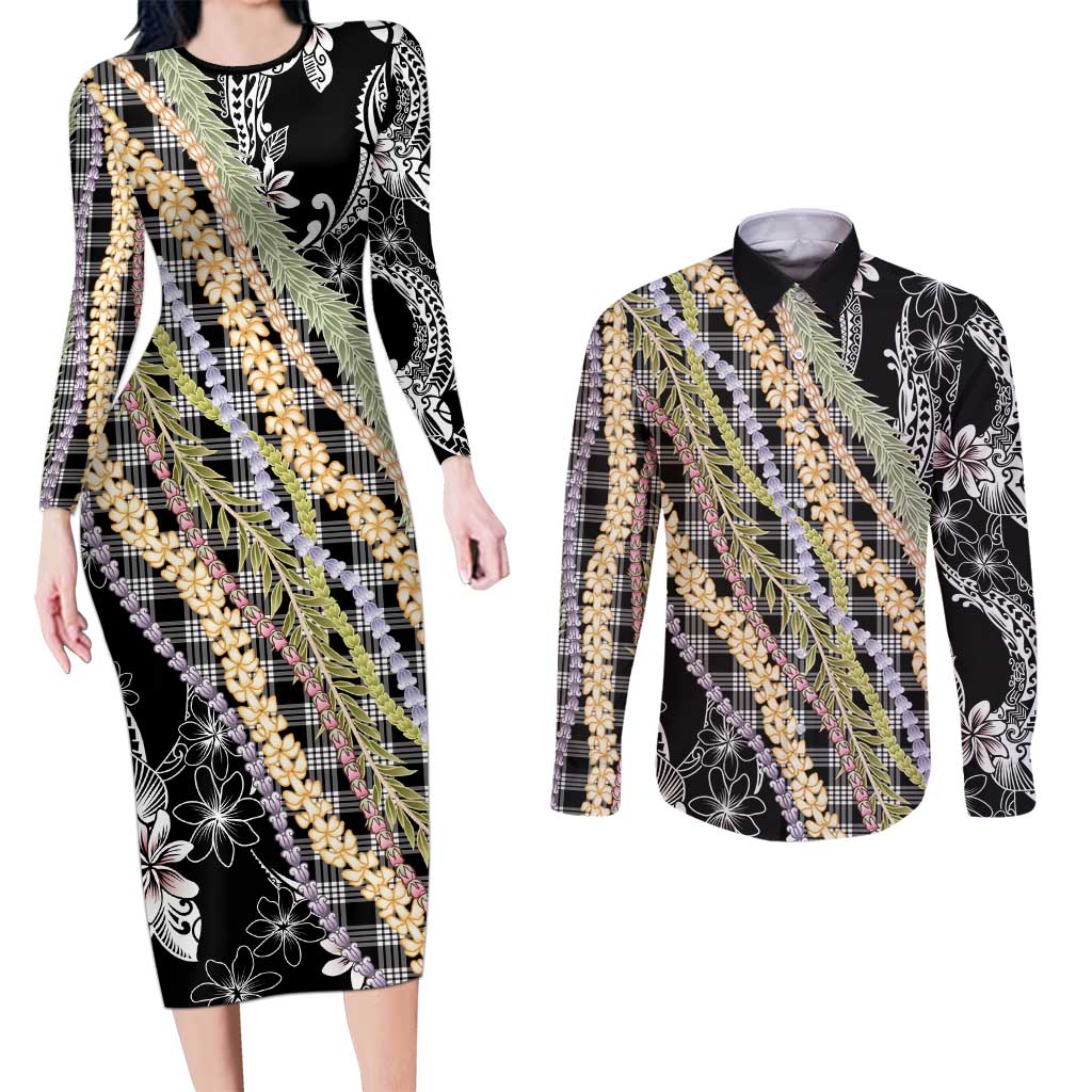 Black Palaka Hawaii Leis Couples Matching Long Sleeve Bodycon Dress and Long Sleeve Button Shirt Hawaiian-plaid Elegant Tropical Vibes - Polynesian Pride
