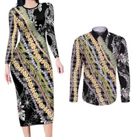 Black Palaka Hawaii Leis Couples Matching Long Sleeve Bodycon Dress and Long Sleeve Button Shirt Hawaiian-plaid Elegant Tropical Vibes - Polynesian Pride