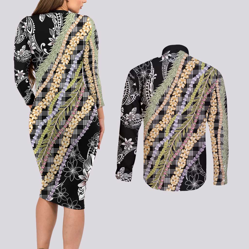 Black Palaka Hawaii Leis Couples Matching Long Sleeve Bodycon Dress and Long Sleeve Button Shirt Hawaiian-plaid Elegant Tropical Vibes - Polynesian Pride