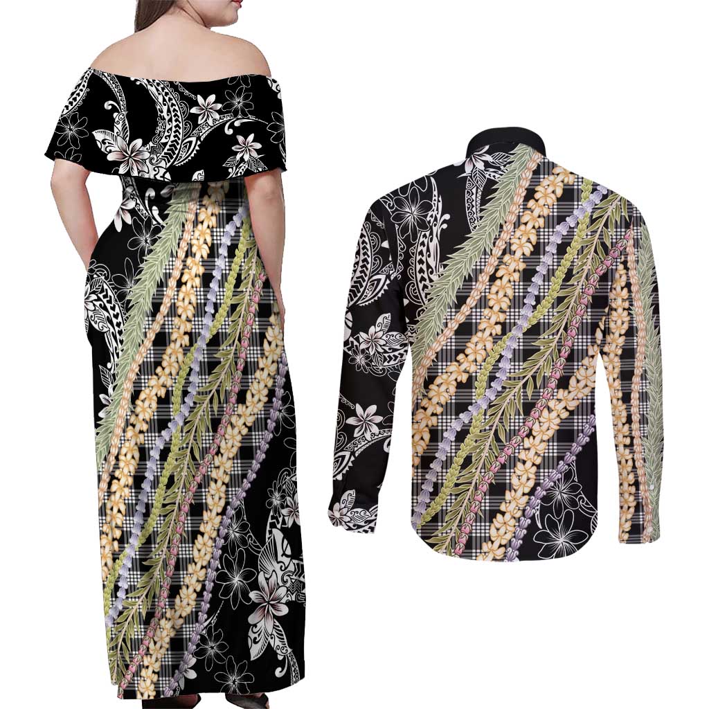 Black Palaka Hawaii Leis Couples Matching Off Shoulder Maxi Dress and Long Sleeve Button Shirt Hawaiian-plaid Elegant Tropical Vibes - Polynesian Pride