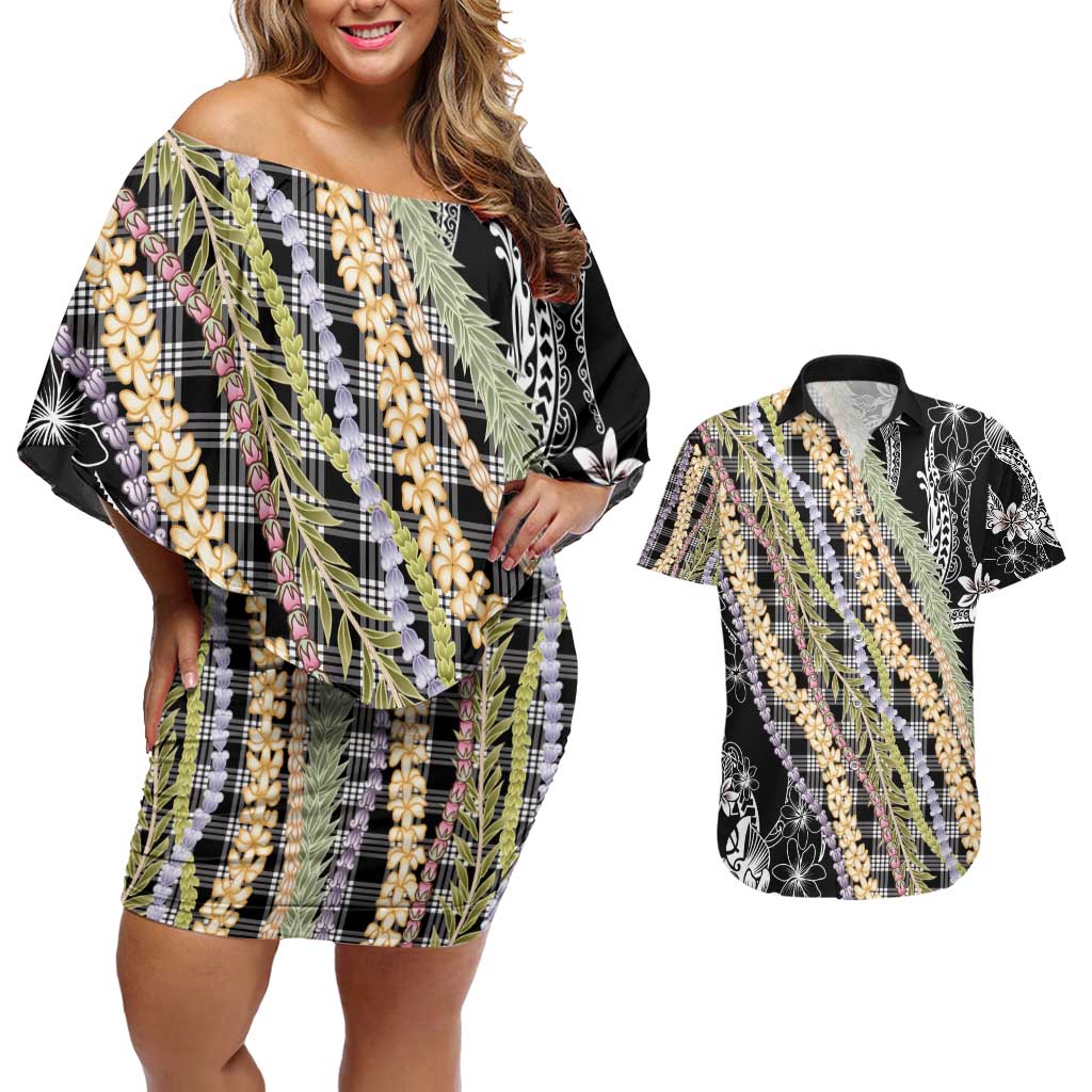 Black Palaka Hawaii Leis Couples Matching Off Shoulder Short Dress and Hawaiian Shirt Hawaiian-plaid Elegant Tropical Vibes - Polynesian Pride