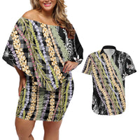 Black Palaka Hawaii Leis Couples Matching Off Shoulder Short Dress and Hawaiian Shirt Hawaiian-plaid Elegant Tropical Vibes - Polynesian Pride