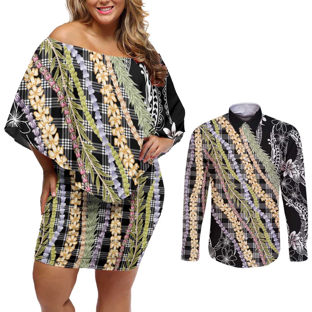 Black Palaka Hawaii Leis Couples Matching Off Shoulder Short Dress and Long Sleeve Button Shirt Hawaiian-plaid Elegant Tropical Vibes - Polynesian Pride