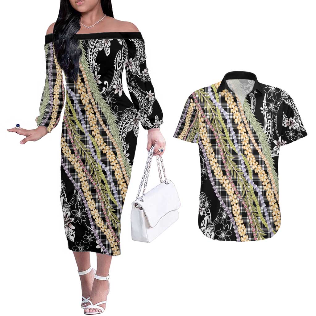 Black Palaka Hawaii Leis Couples Matching Off The Shoulder Long Sleeve Dress and Hawaiian Shirt Hawaiian-plaid Elegant Tropical Vibes - Polynesian Pride