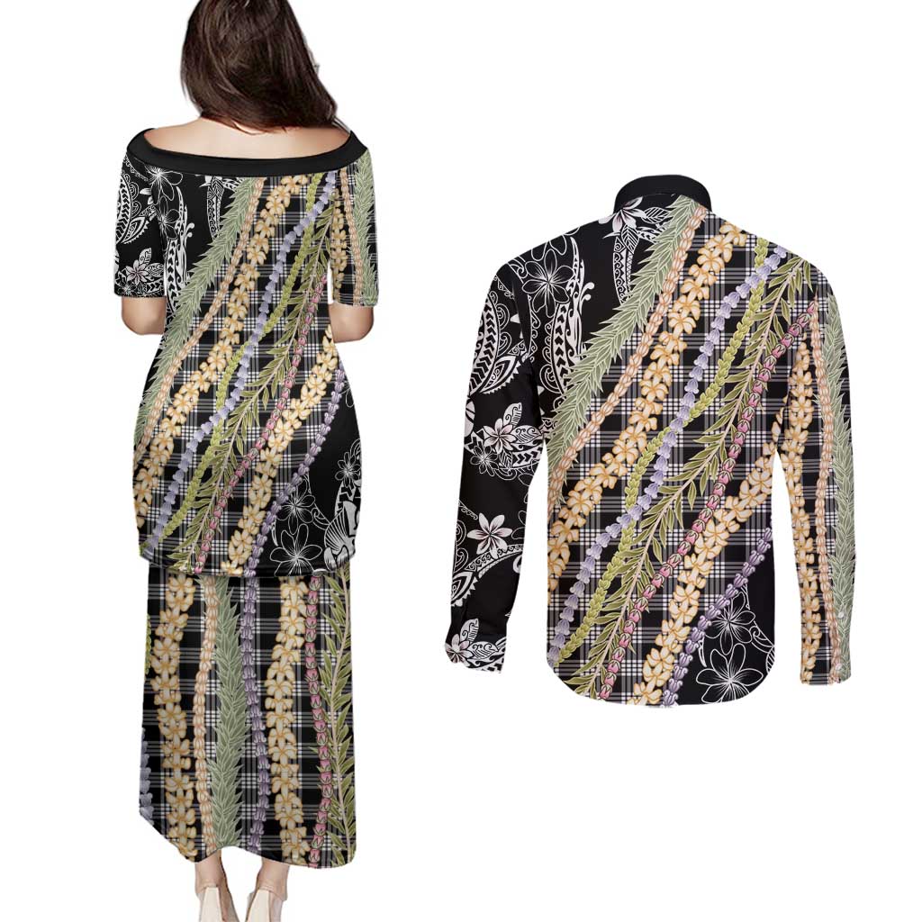 Black Palaka Hawaii Leis Couples Matching Puletasi and Long Sleeve Button Shirt Hawaiian-plaid Elegant Tropical Vibes - Polynesian Pride