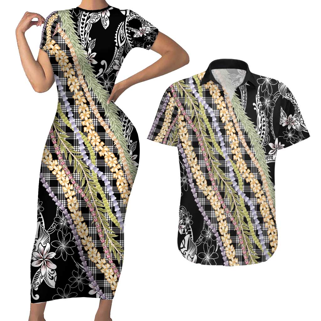 Black Palaka Hawaii Leis Couples Matching Short Sleeve Bodycon Dress and Hawaiian Shirt Hawaiian-plaid Elegant Tropical Vibes - Polynesian Pride