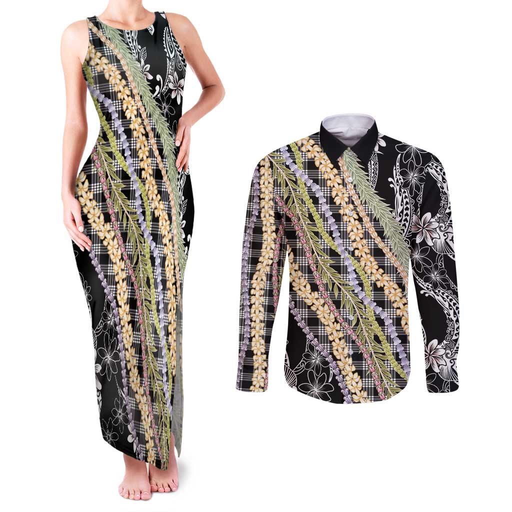 Black Palaka Hawaii Leis Couples Matching Tank Maxi Dress and Long Sleeve Button Shirt Hawaiian-plaid Elegant Tropical Vibes - Polynesian Pride