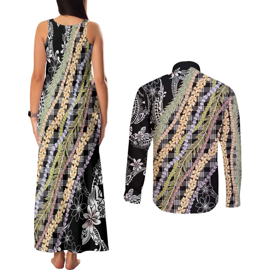 Black Palaka Hawaii Leis Couples Matching Tank Maxi Dress and Long Sleeve Button Shirt Hawaiian-plaid Elegant Tropical Vibes - Polynesian Pride
