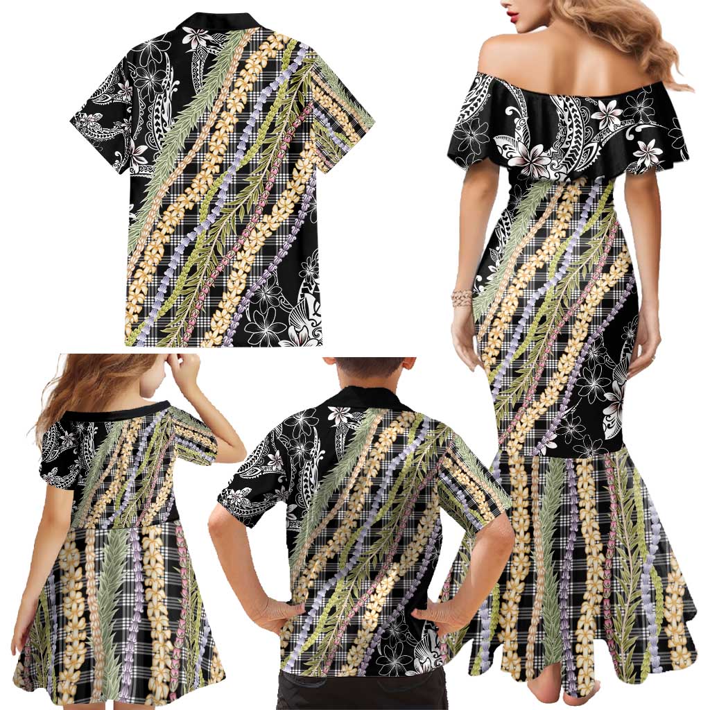 Black Palaka Hawaii Leis Family Matching Mermaid Dress and Hawaiian Shirt Hawaiian-plaid Elegant Tropical Vibes - Polynesian Pride