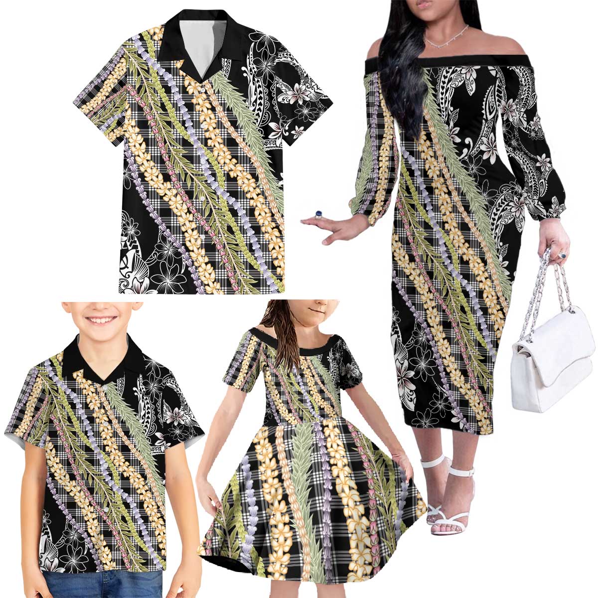 Black Palaka Hawaii Leis Family Matching Off The Shoulder Long Sleeve Dress and Hawaiian Shirt Hawaiian-plaid Elegant Tropical Vibes - Polynesian Pride