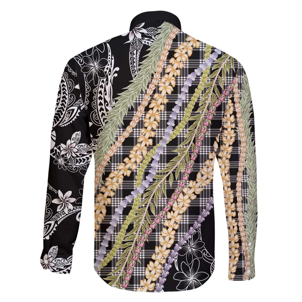 Black Palaka Hawaii Leis Family Matching Off The Shoulder Long Sleeve Dress and Hawaiian Shirt Hawaiian-plaid Elegant Tropical Vibes - Polynesian Pride