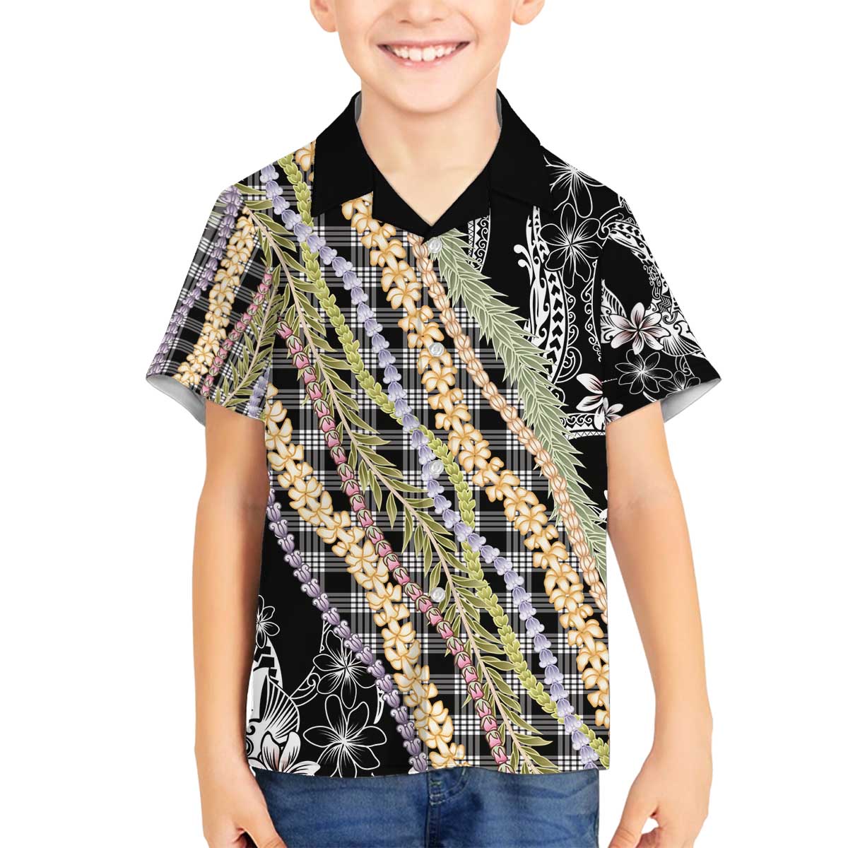 Black Palaka Hawaii Leis Family Matching Off The Shoulder Long Sleeve Dress and Hawaiian Shirt Hawaiian-plaid Elegant Tropical Vibes - Polynesian Pride