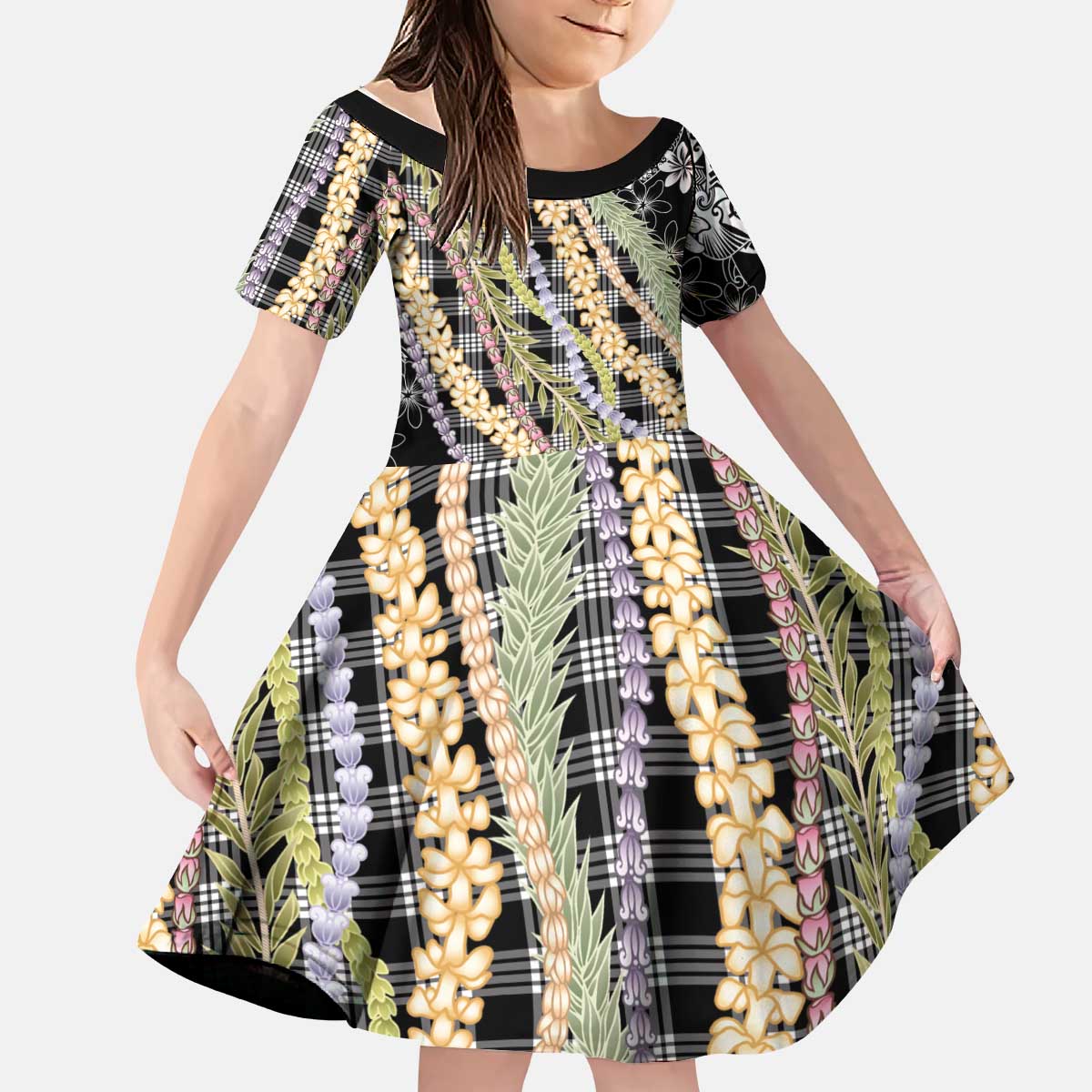 Black Palaka Hawaii Leis Kid Short Sleeve Dress Hawaiian-plaid Elegant Tropical Vibes - Polynesian Pride