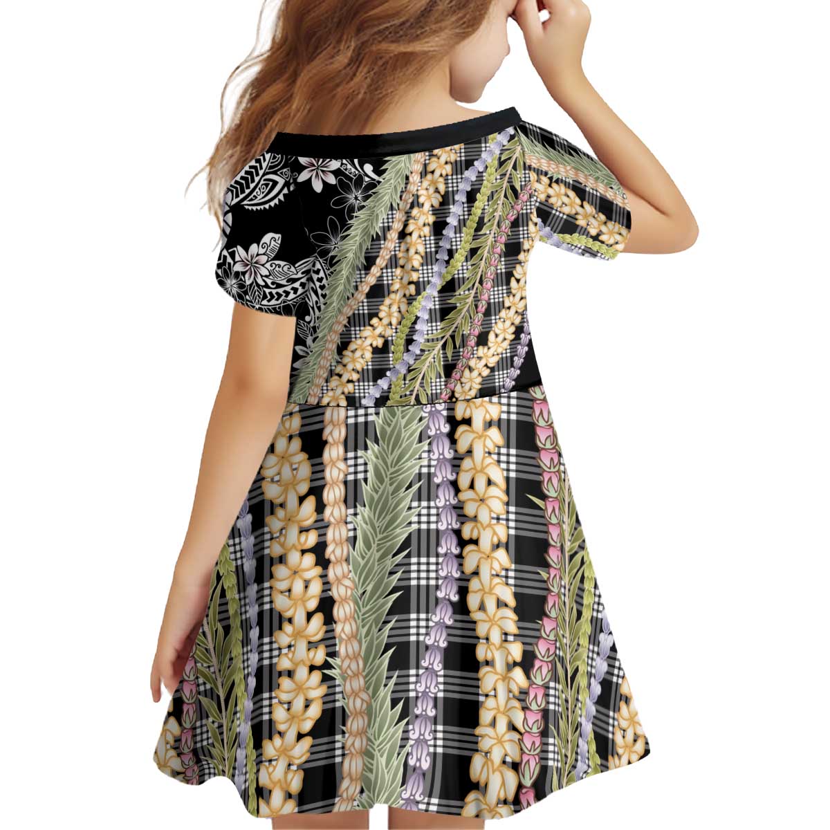 Black Palaka Hawaii Leis Kid Short Sleeve Dress Hawaiian-plaid Elegant Tropical Vibes - Polynesian Pride