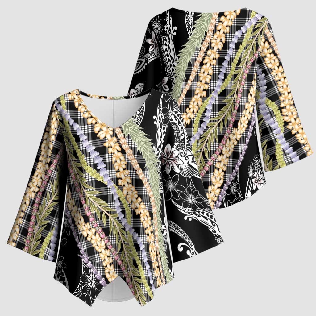 Black Palaka Hawaii Leis Kimono Sleeve Blouse Hawaiian-plaid Elegant Tropical Vibes - Polynesian Pride