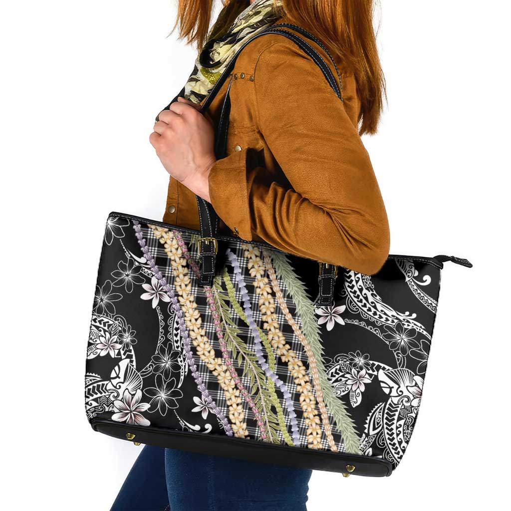 Black Palaka Hawaii Leis Leather Tote Bag Hawaiian-plaid Elegant Tropical Vibes - Polynesian Pride