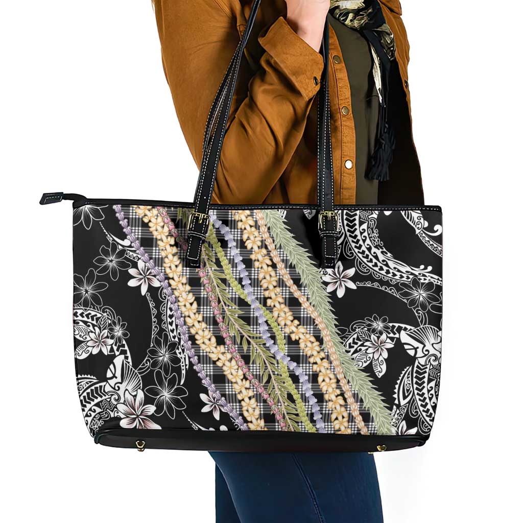 Black Palaka Hawaii Leis Leather Tote Bag Hawaiian-plaid Elegant Tropical Vibes - Polynesian Pride