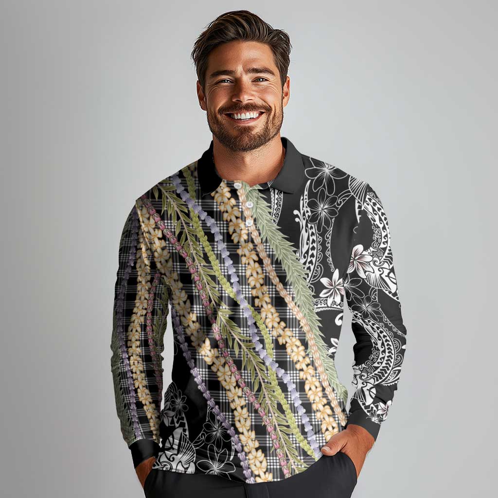 Black Palaka Hawaii Leis Long Sleeve Polo Shirt Hawaiian-plaid Elegant Tropical Vibes - Polynesian Pride