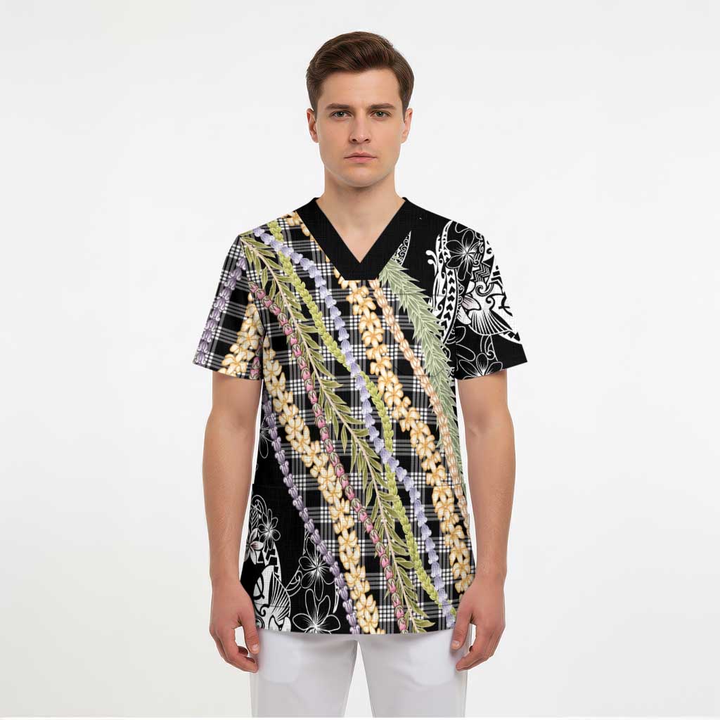 Black Palaka Hawaii Leis Scrub Top Hawaiian-plaid Elegant Tropical Vibes - Polynesian Pride