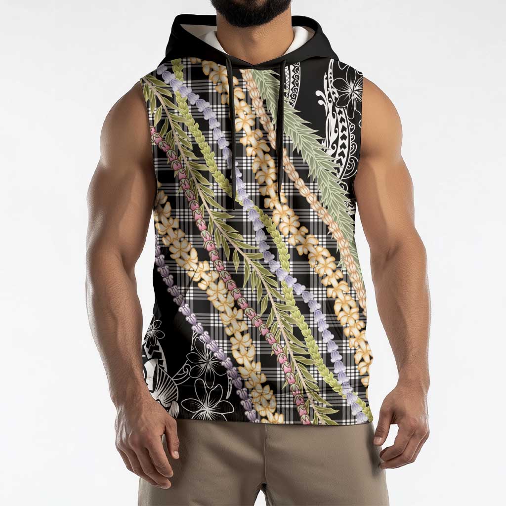 Black Palaka Hawaii Leis Sleeveless Hoodie Hawaiian-plaid Elegant Tropical Vibes - Polynesian Pride